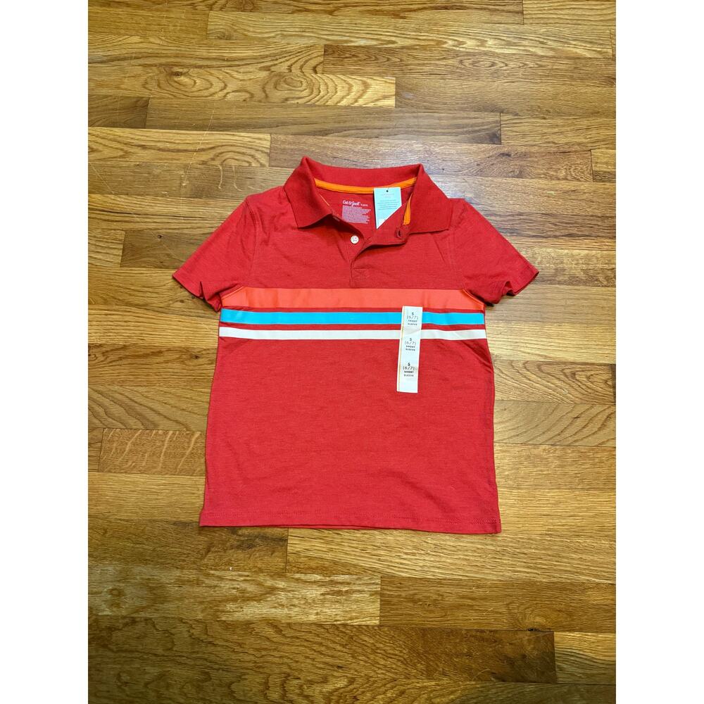 Cat & Jack Kids Boy Small 6 7 Red Striped Short Sleeve Collared Shirt Casual New